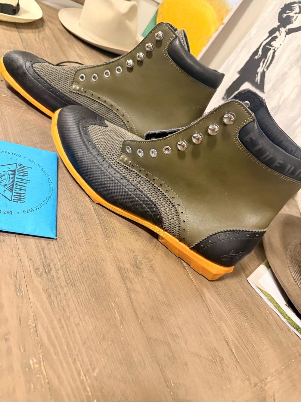 John Fluevog Olive and Black High-Top Boots with Yellow Sole